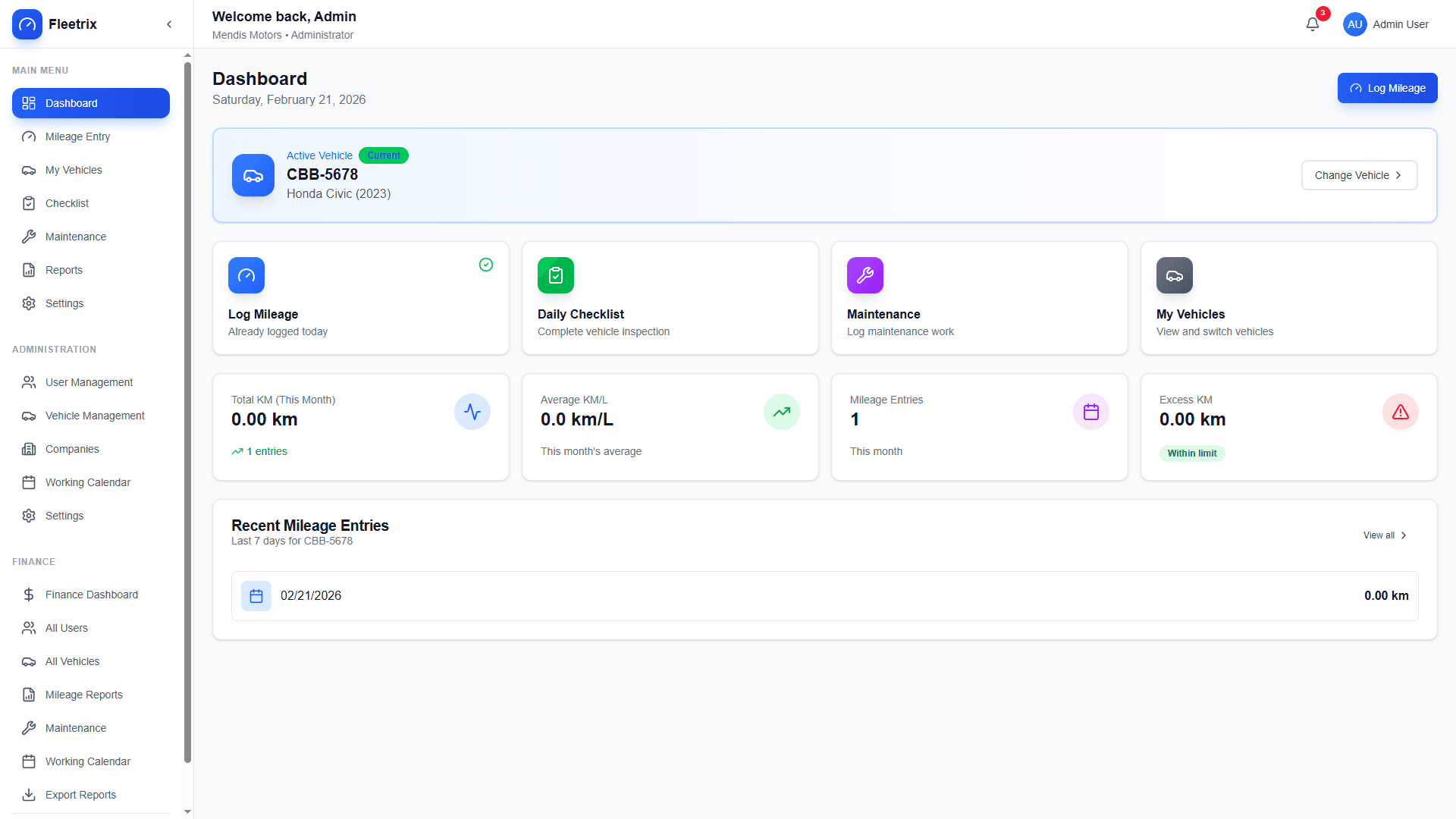 Fleetrix dashboard with mileage, vehicle management, and maintenance tools